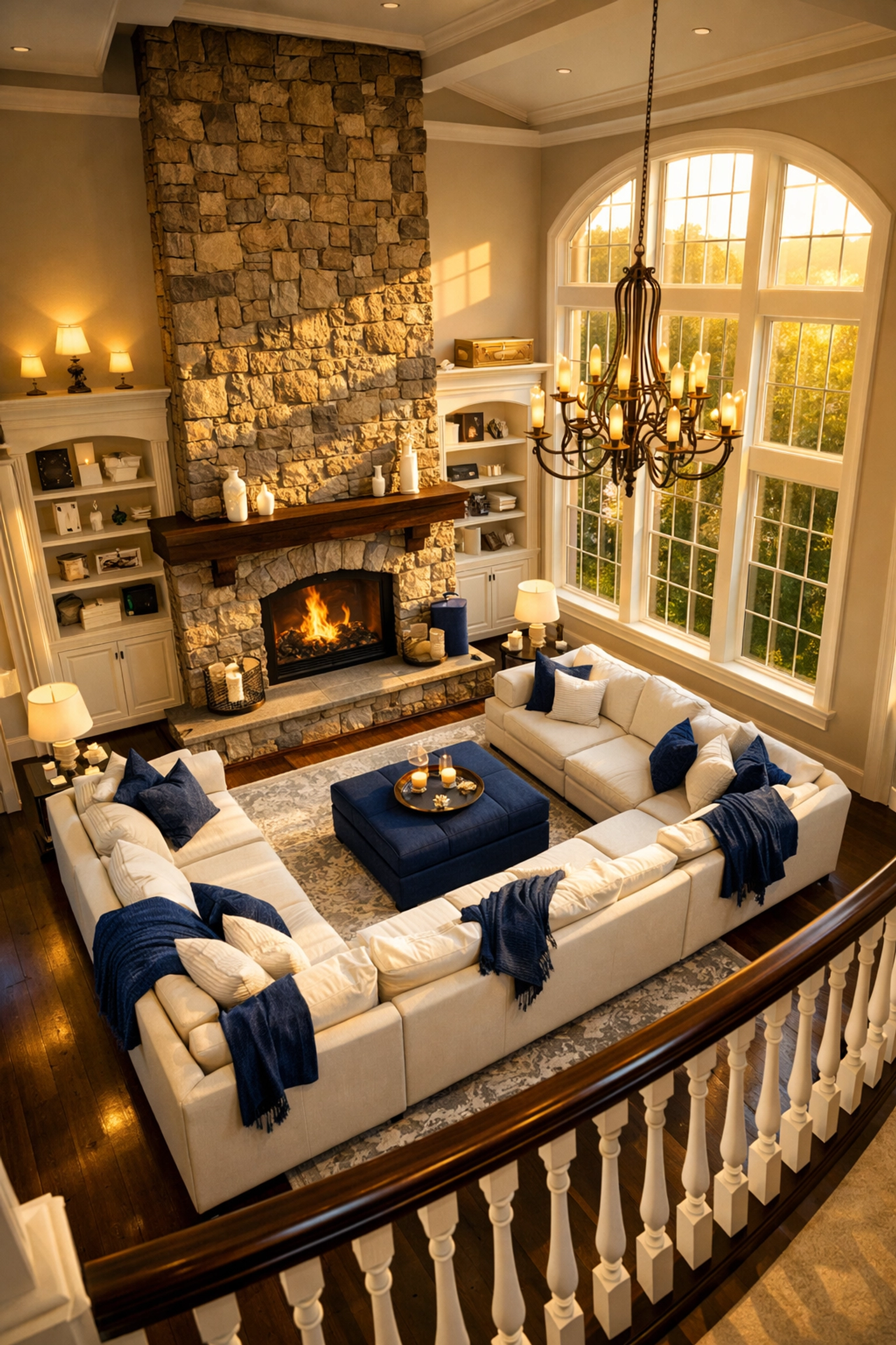 Immaculate two-story family room in a Hopkinton estate maintained by a reliable house cleaning service.