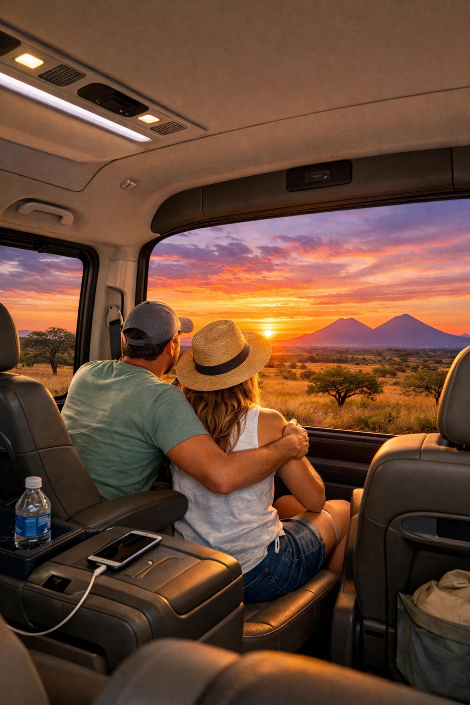 Inside a comfortable private LIR airport transfer van looking out at a Guanacaste sunset.