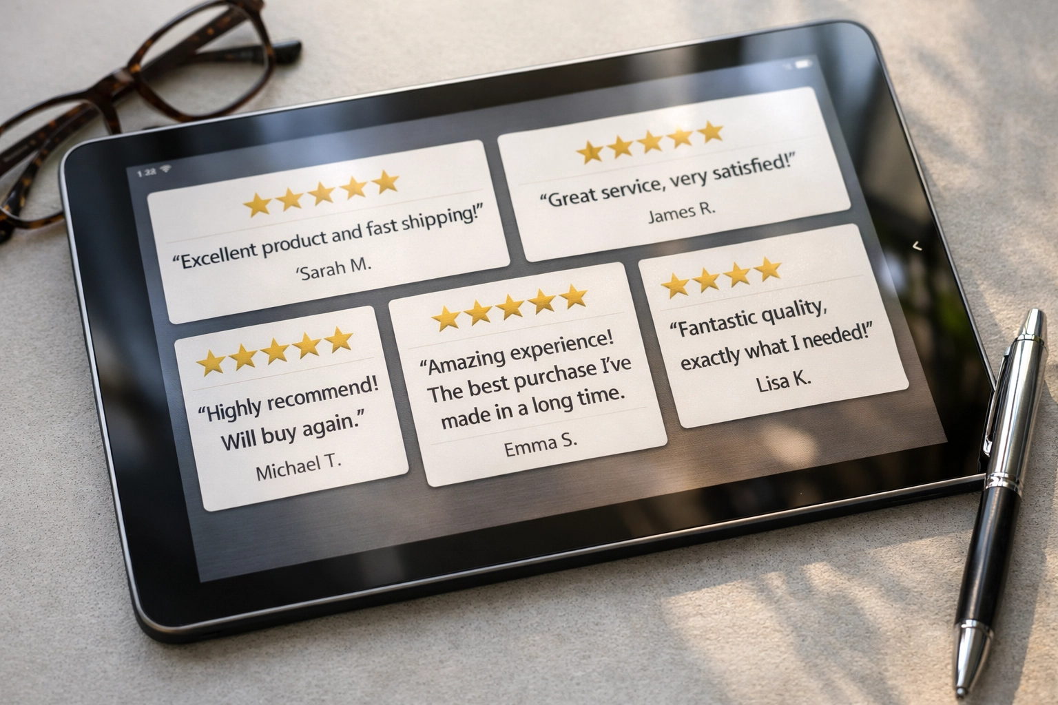 Five-star customer reviews and testimonials displayed on tablet for local business