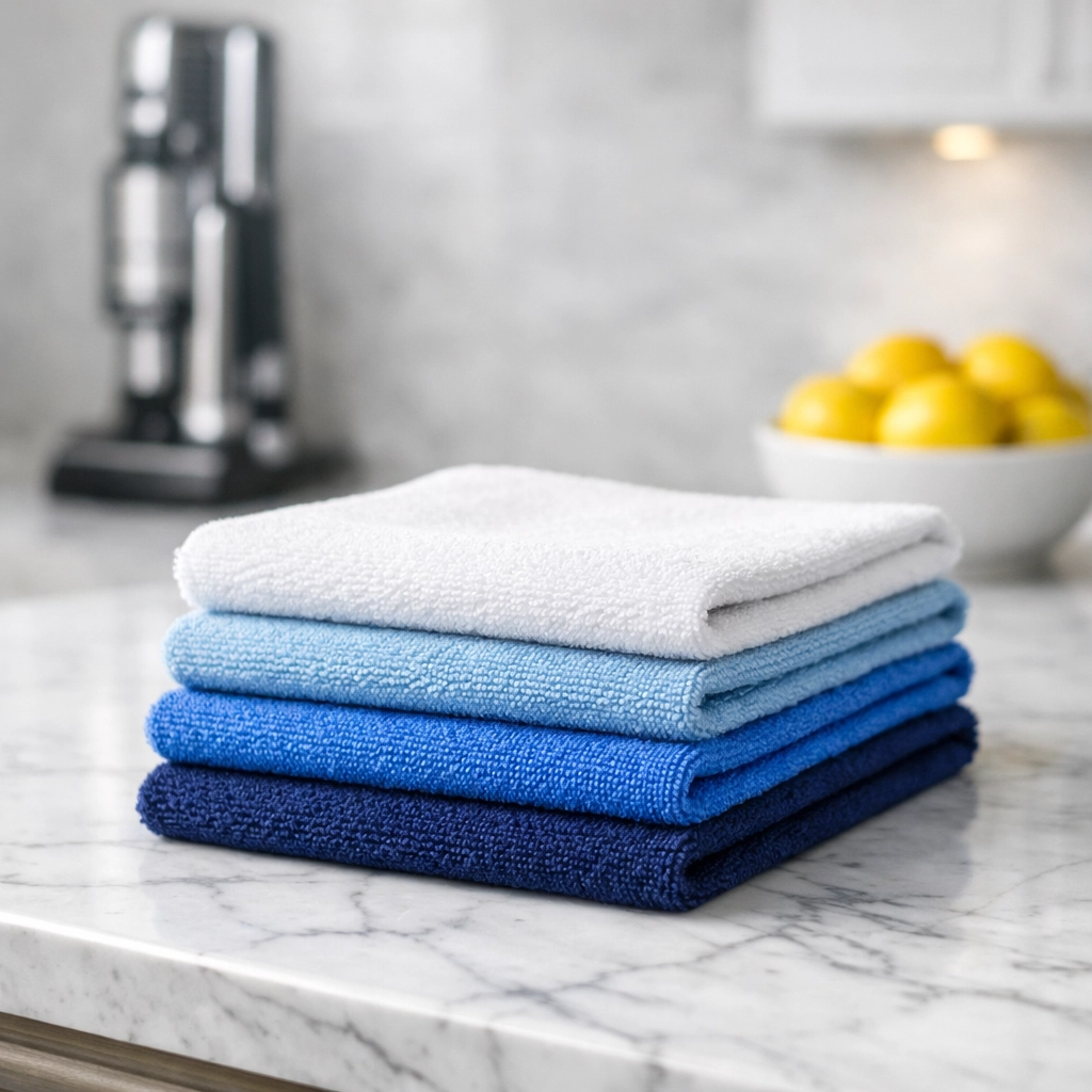 Professional microfiber cleaning cloths and eco-friendly tools on a luxury marble kitchen countertop.