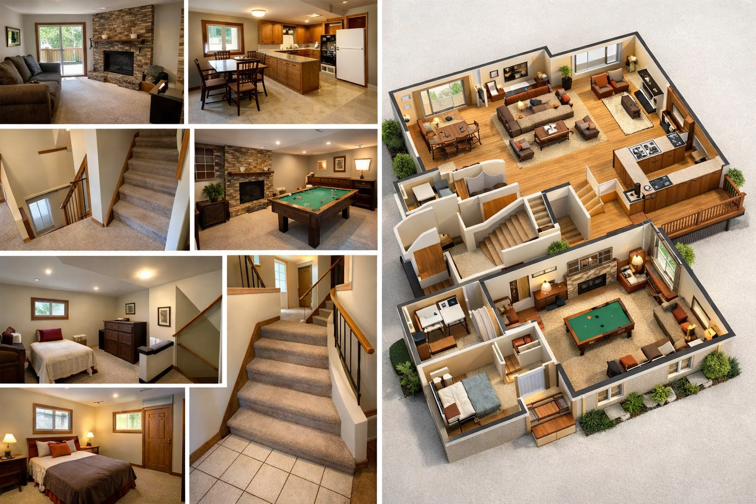 Comparison of confusing listing photos versus clear floor plan for split-level home