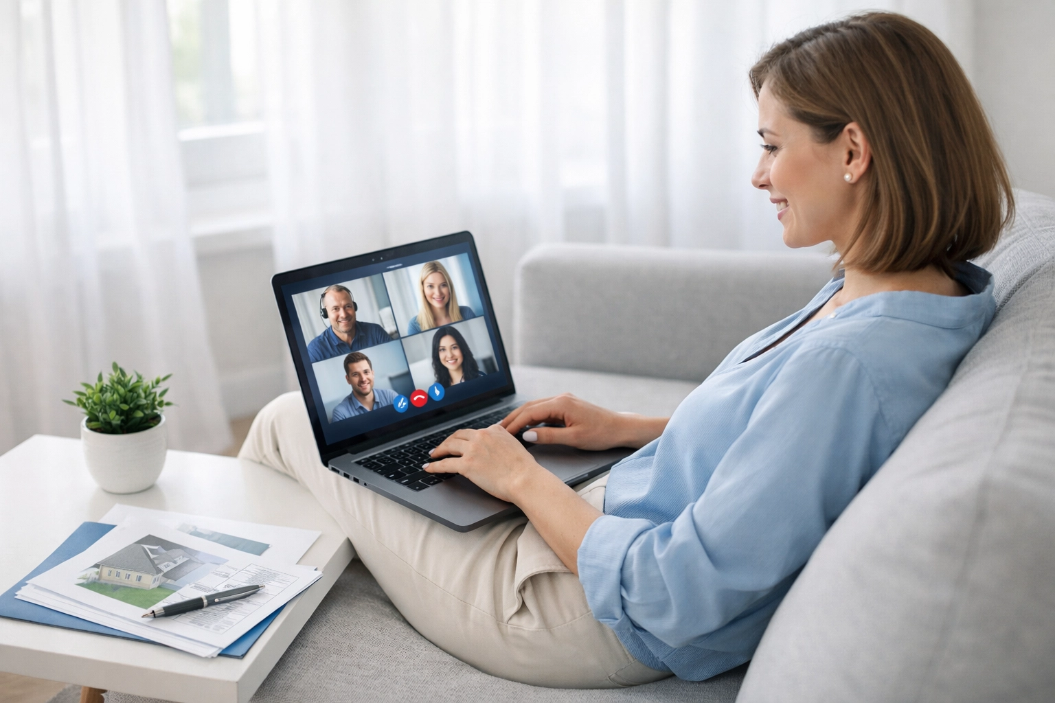 Woman completing remote online notarization from home on laptop for real estate closing