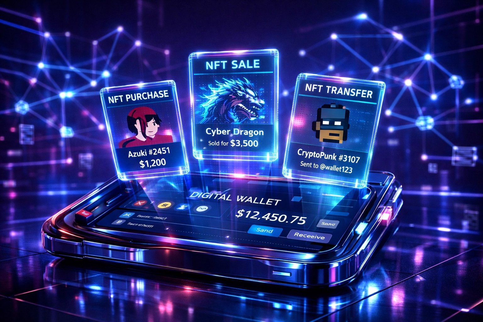 Futuristic digital wallet interface with NFT receipts powering metaverse retail transactions