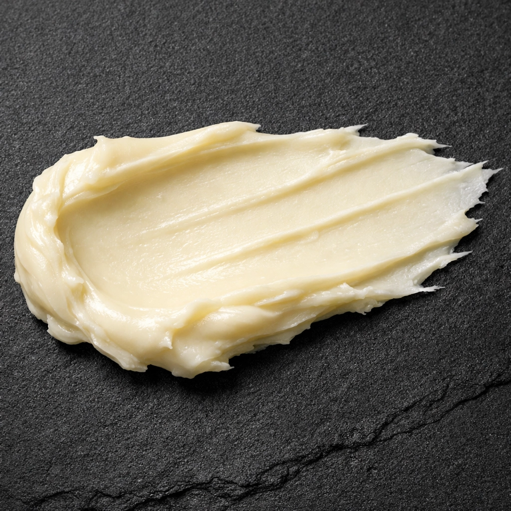 Thick texture of anhydrous tallow balm, showing the rich density of a water-less moisturizer.