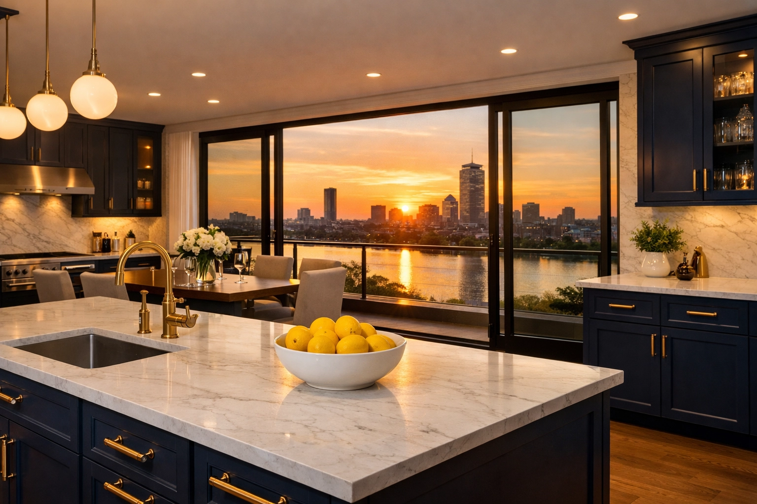 Spotless Cambridge penthouse kitchen overlooking the Charles River thanks to house cleaning Cambridge MA.