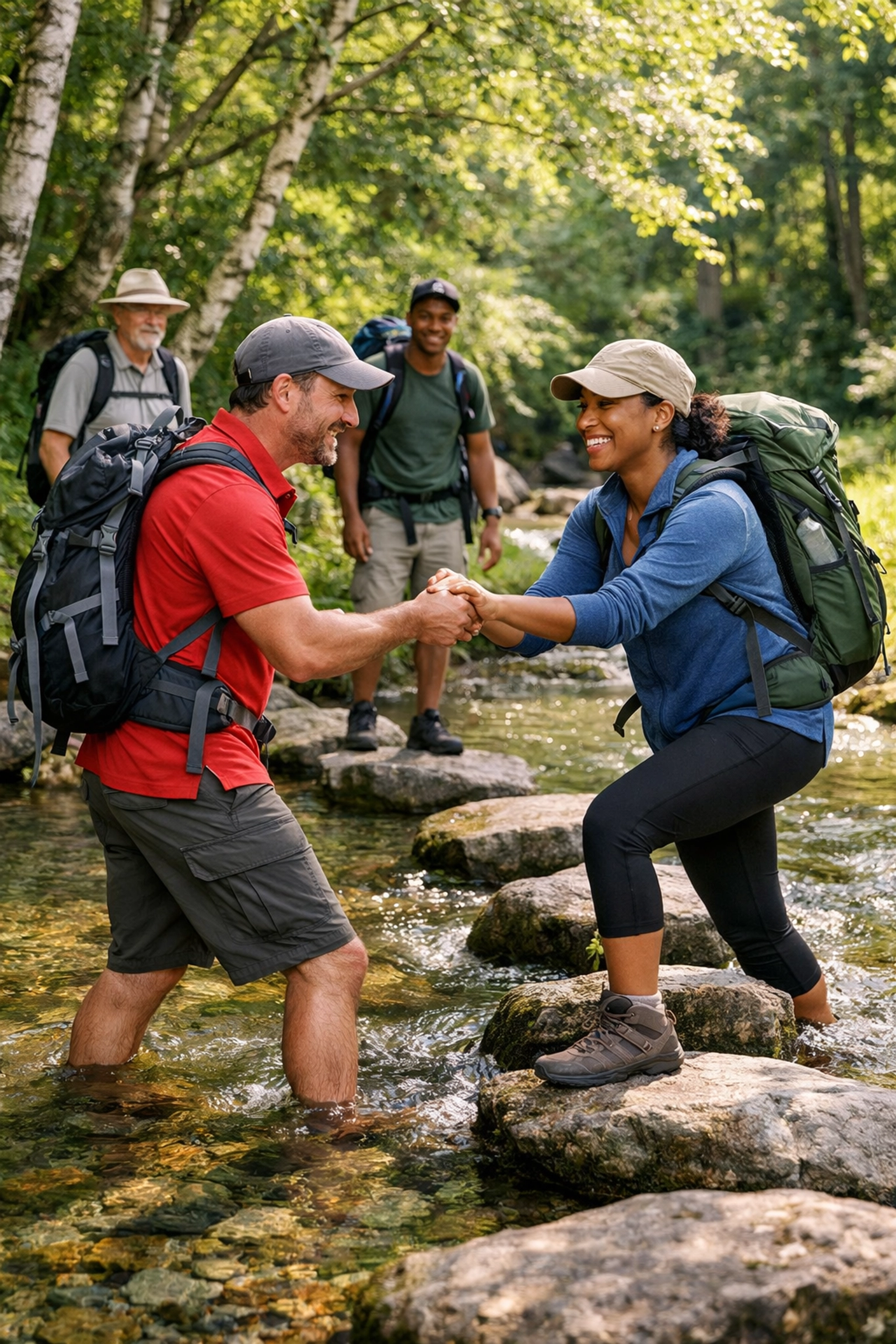 Hikers crossing a mountain stream with help from a guide on a group walking tour in the UK.