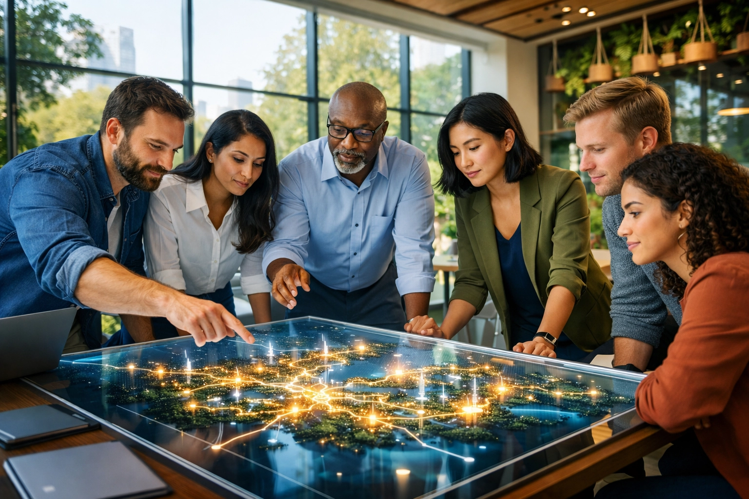 Diverse IT experts collaborating in a modern office to deliver high-impact digital solutions and ESG goals.