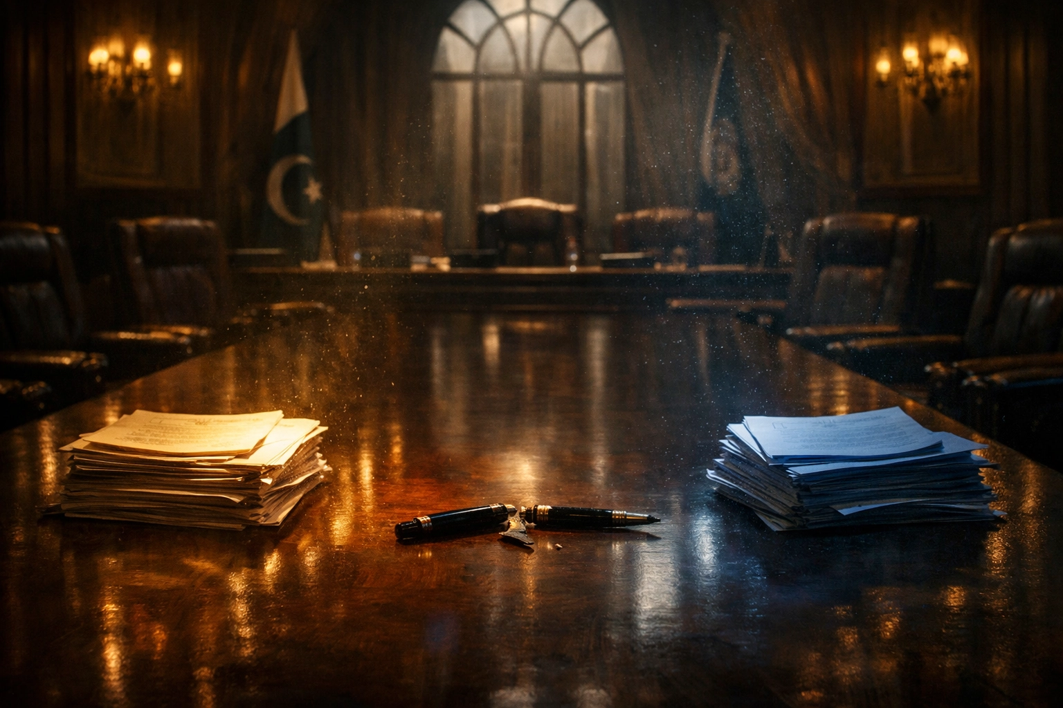 Abandoned documents and a broken pen on a table representing the collapsed Islamabad ceasefire talks.