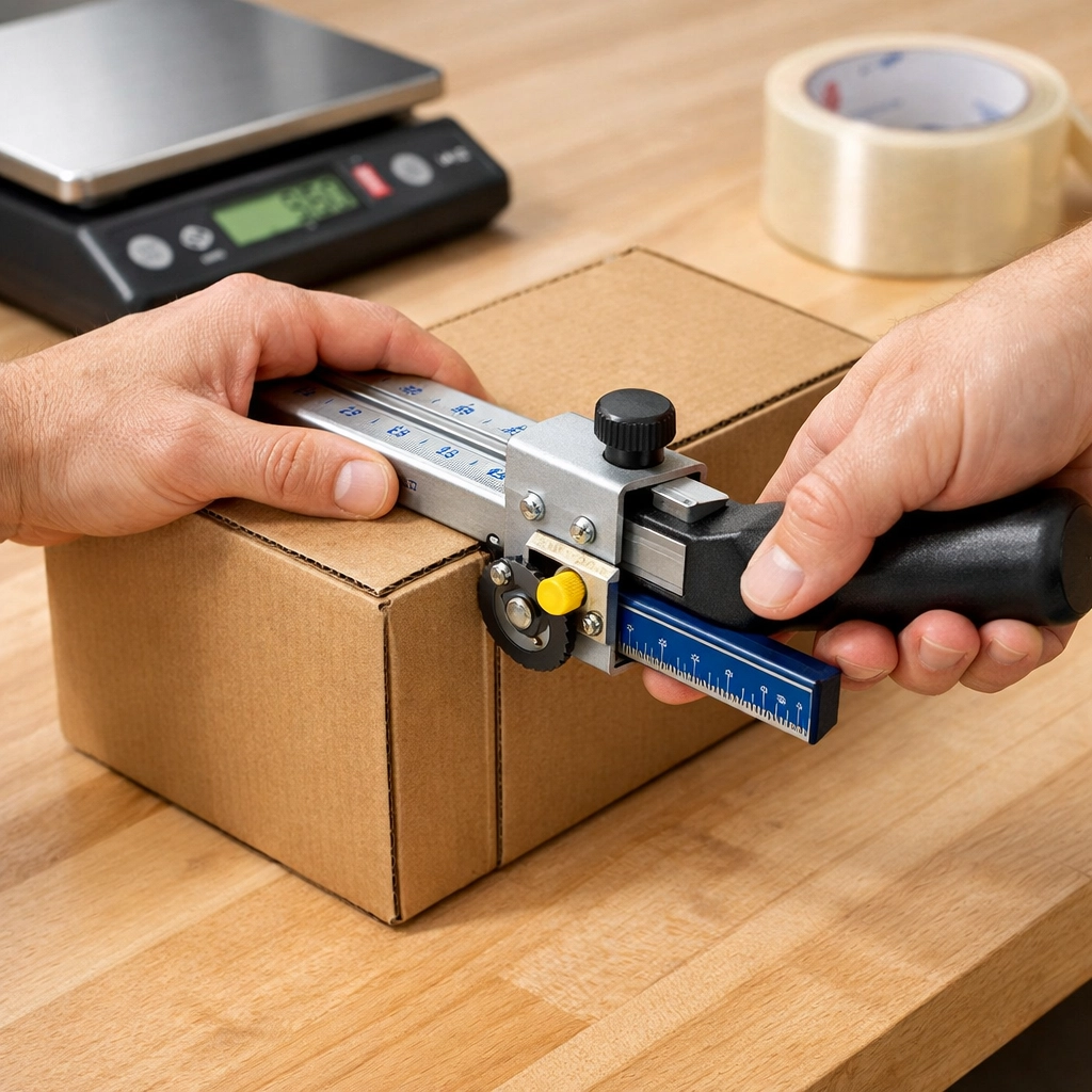 A reseller using a box-scoring tool to resize a shipping box to avoid cubic volume surcharges.