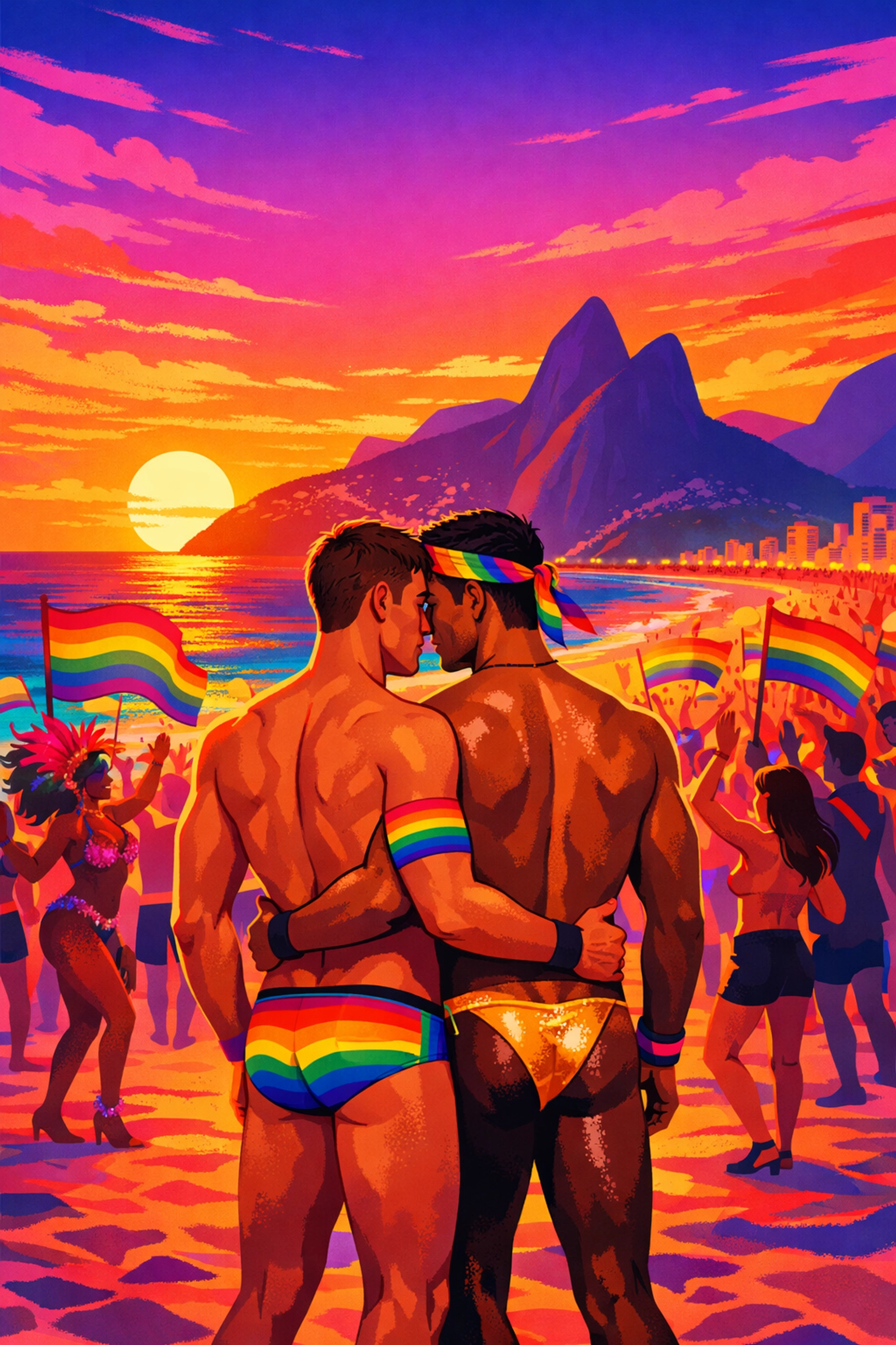 Gay romance at Rio Carnival - two men embrace on Ipanema beach during LGBTQ+ celebration