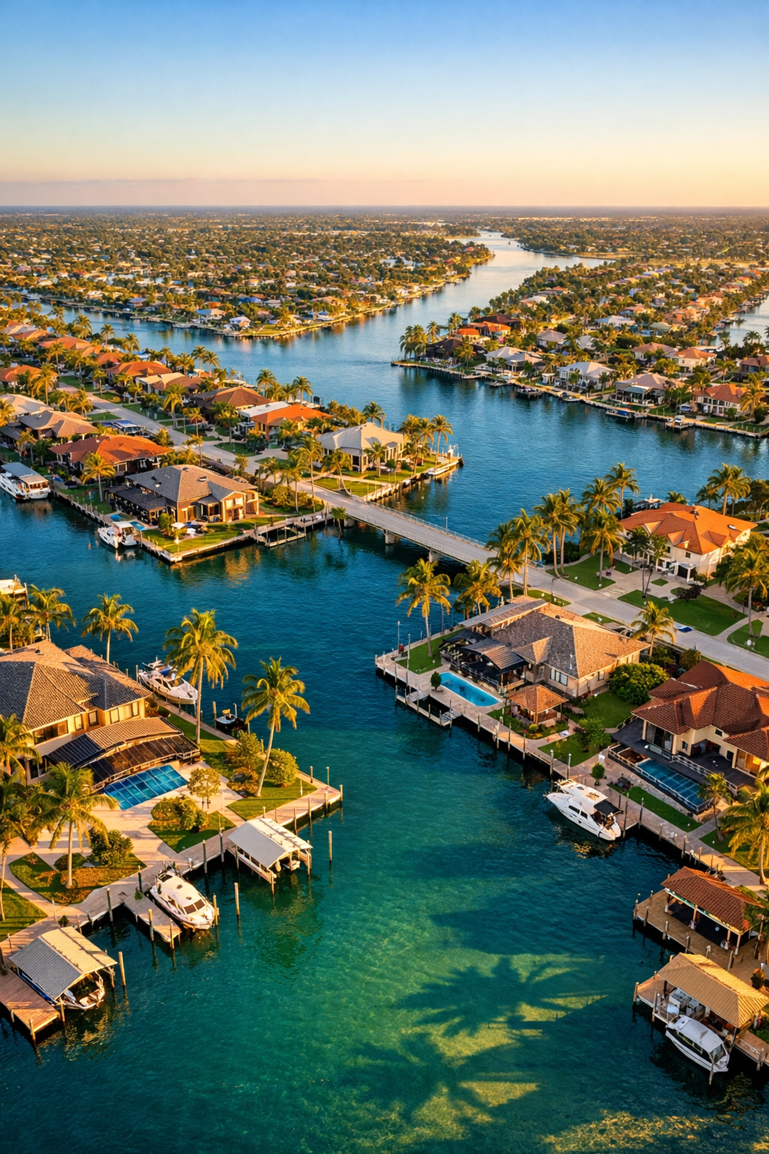 Aerial view of Cape Coral waterfront homes along canal system in Southwest Florida