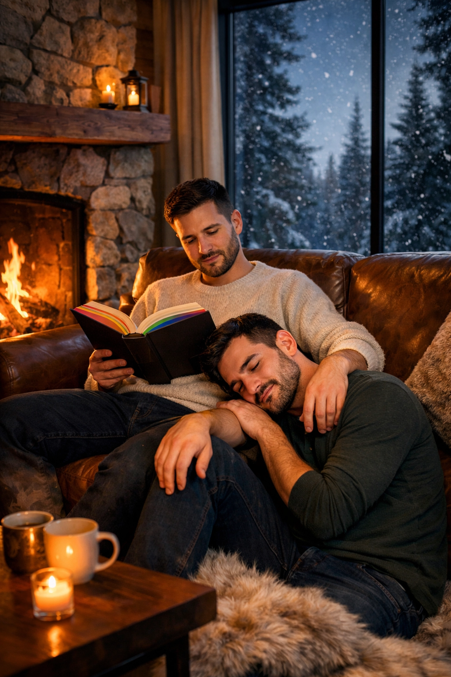 A gay couple relaxing by a cozy fireplace in a mountain cabin reading an MM romance novel.