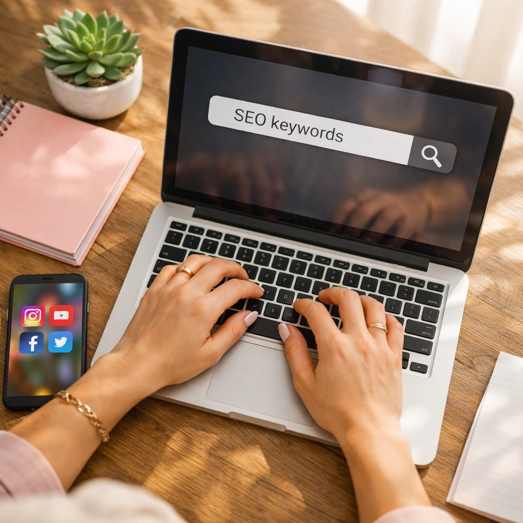 Creating keyword-optimized social media content on laptop with Instagram and Facebook apps