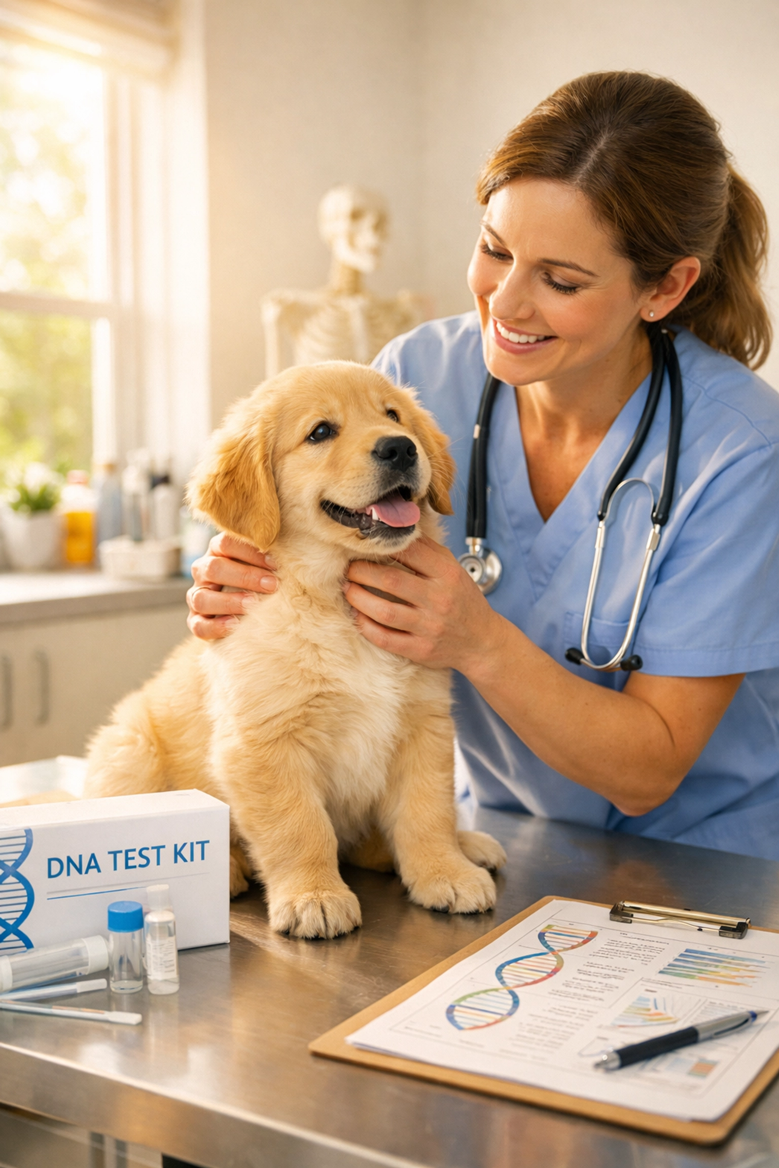 Veterinarian examining Golden Retriever puppy with genetic testing kit in modern clinic