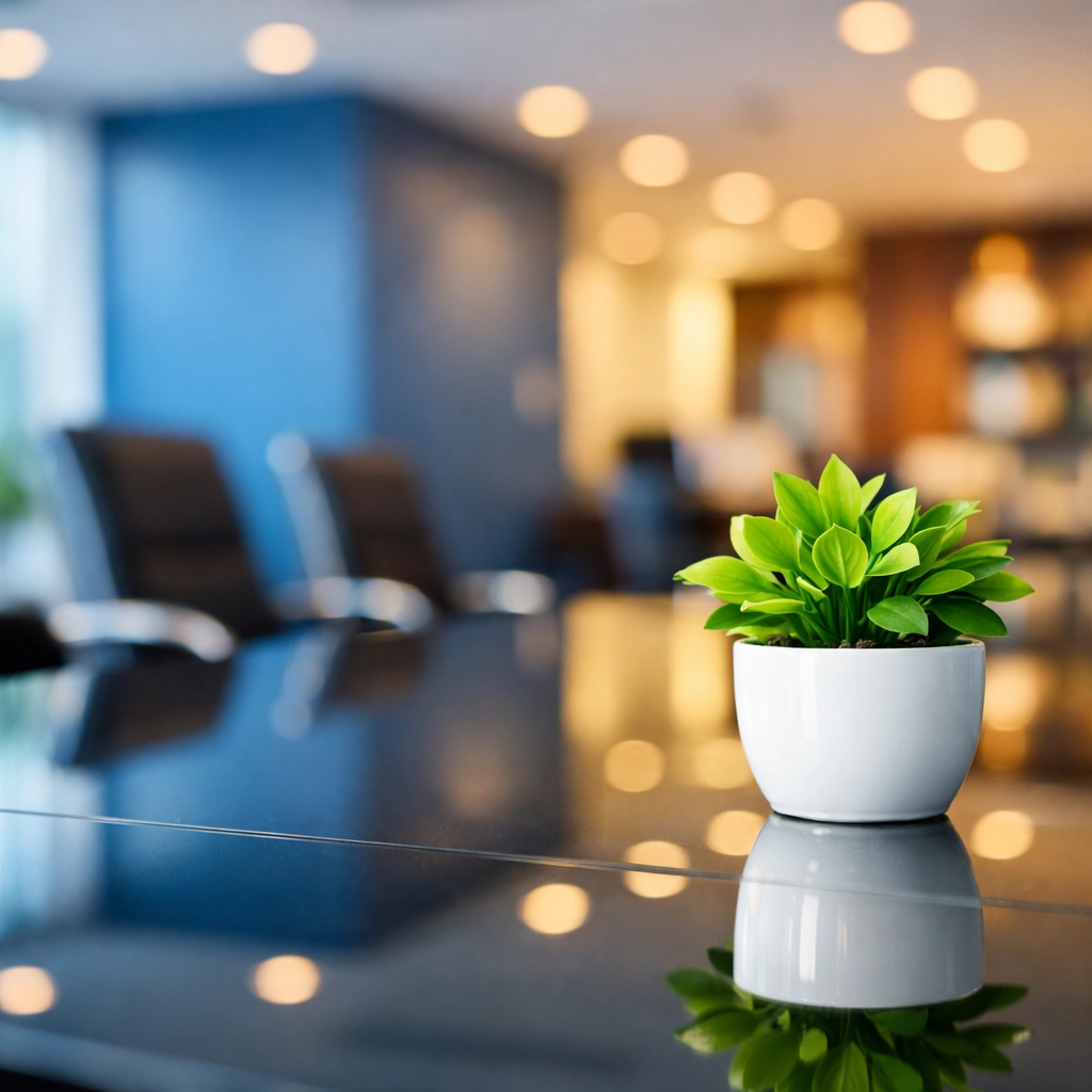Polished glass conference table and green plant showcasing eco-friendly office cleaning solutions in Fitchburg.
