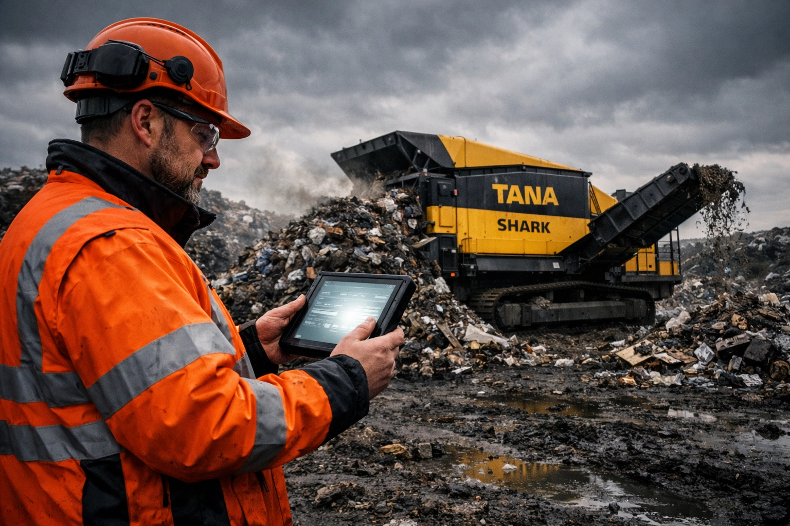 Site manager using a tablet for digital waste tracking near a TANA Shark shredder at a UK landfill site.