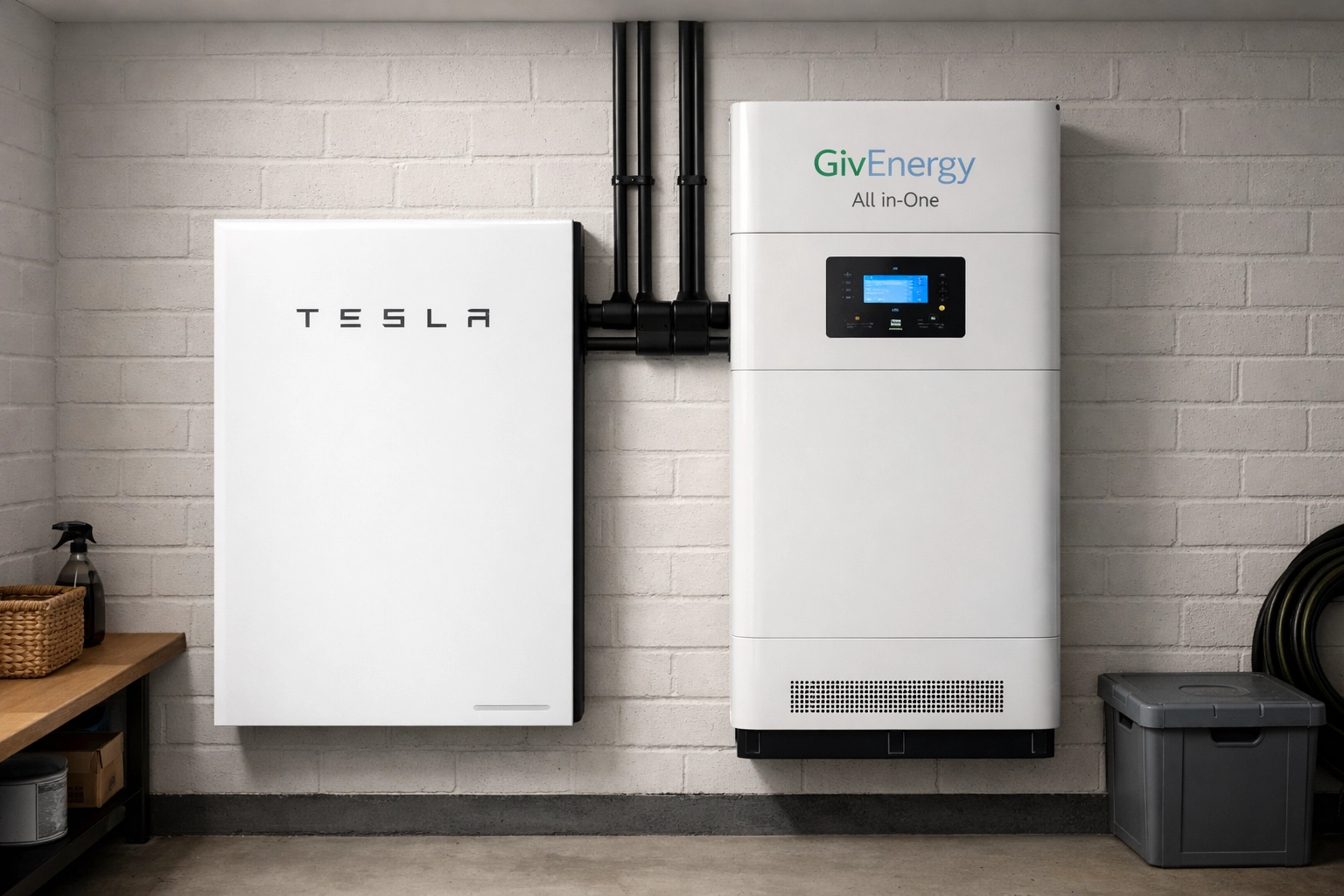 Tesla Powerwall 3 and GivEnergy All-in-One battery storage installed in a UK garage