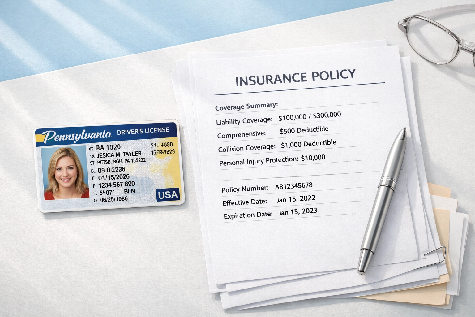 Pennsylvania driver's license and insurance policy documents showing minimum coverage requirements