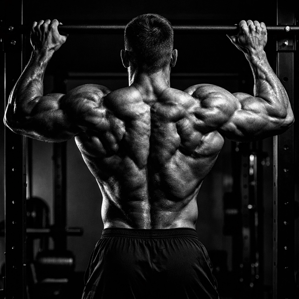 Athlete performing strict pull-up demonstrating proper back muscle engagement for full body workout at home