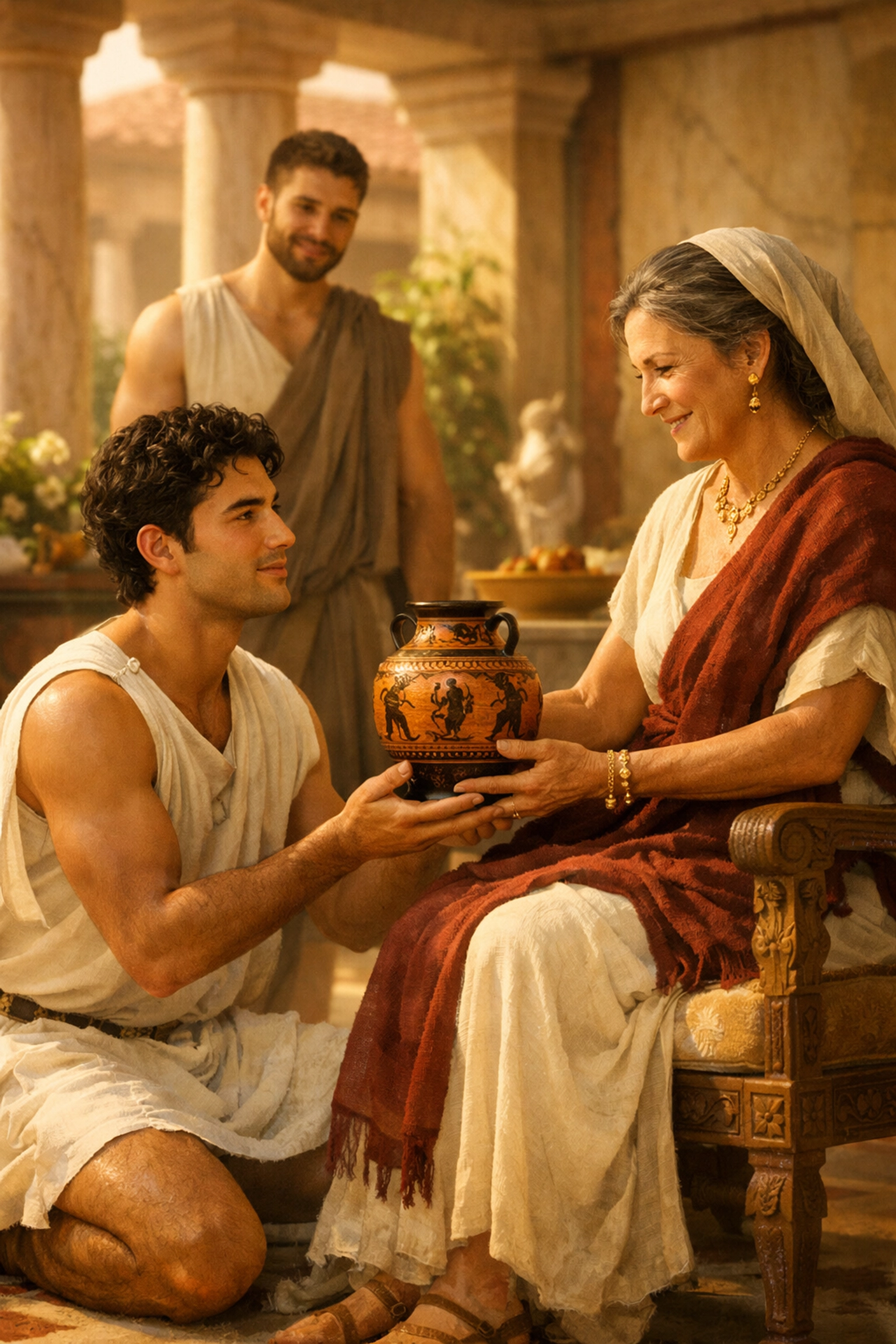 Ancient Greek man presenting a gift to his mother while his male partner watches in an Athenian home.
