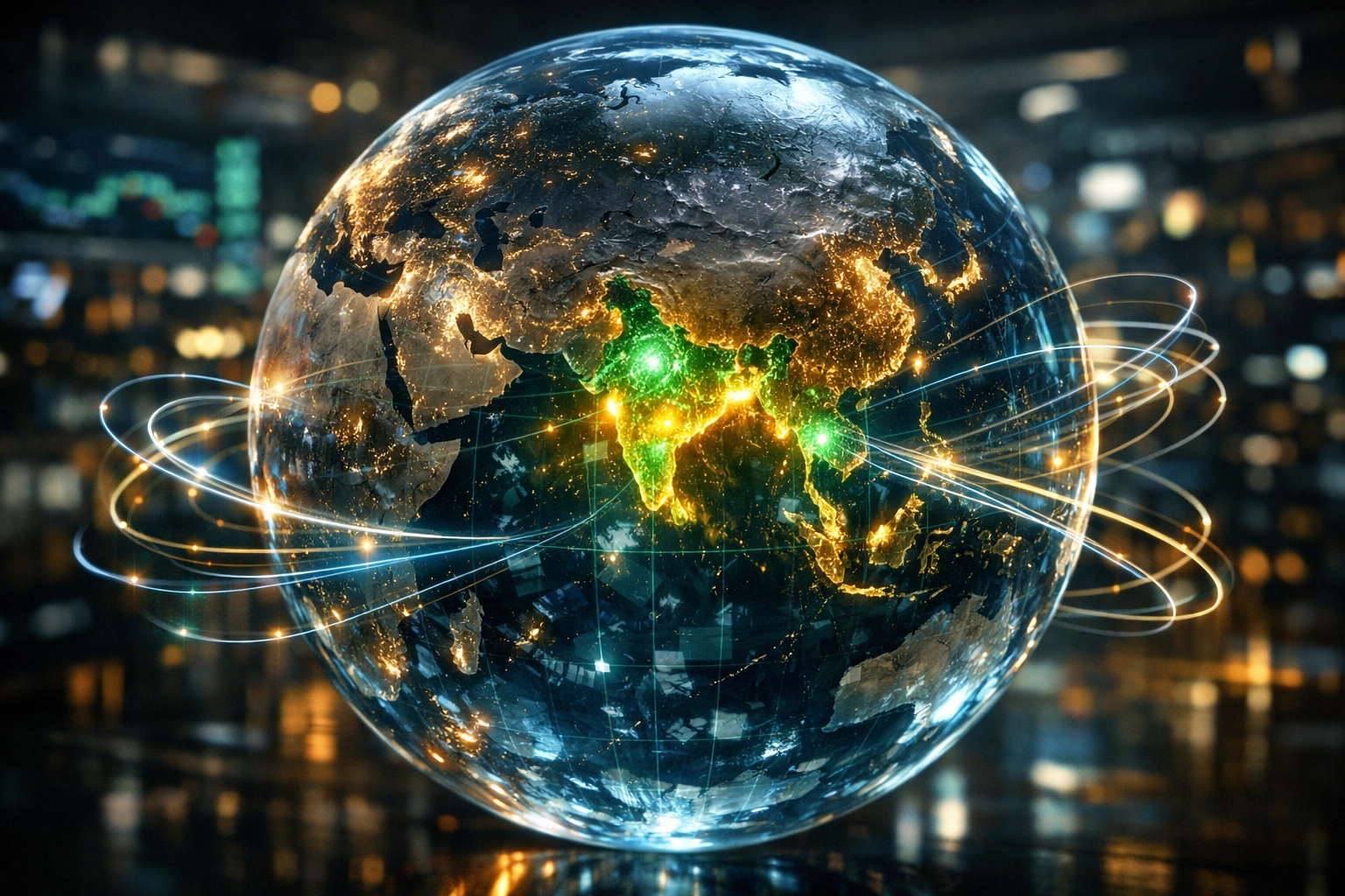 Glowing globe showing capital flows to South Asia, highlighting the global impact of the economy of India