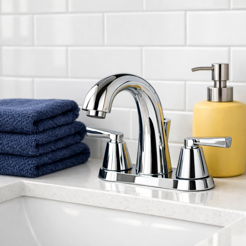 Detail of a sanitized bathroom vanity in Westford featuring polished fixtures and deep cleaned grout.