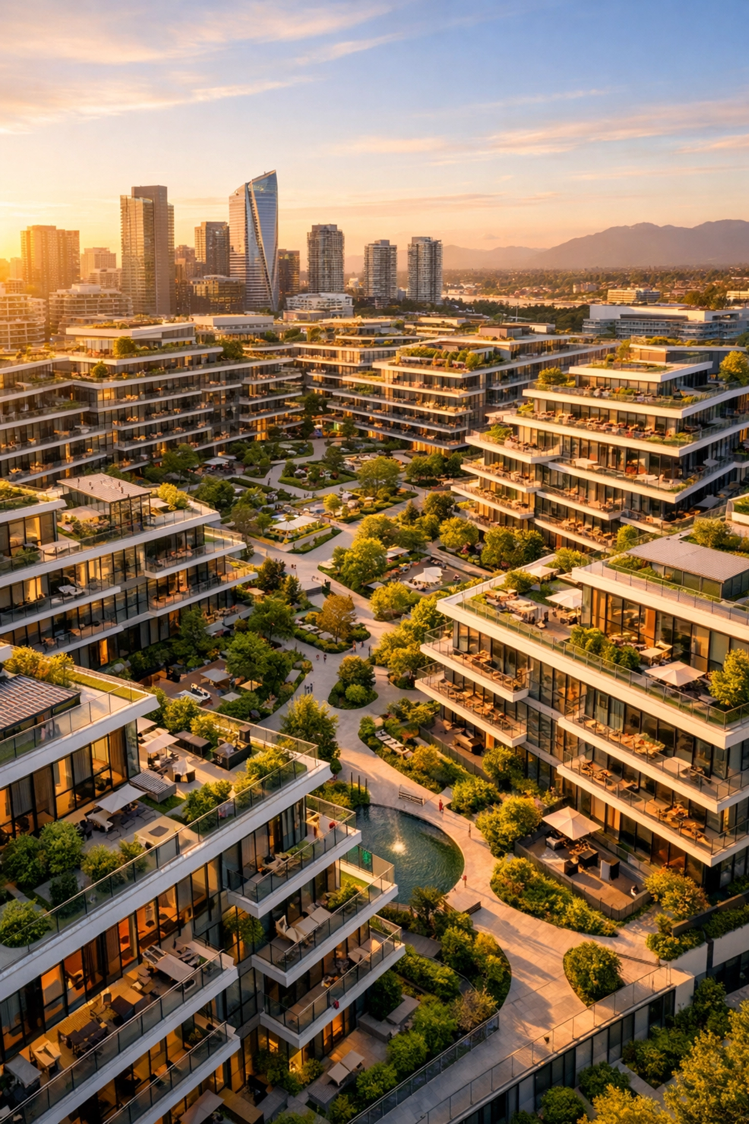 Aerial view of a sustainable luxury multi-family real estate development for institutional syndication.