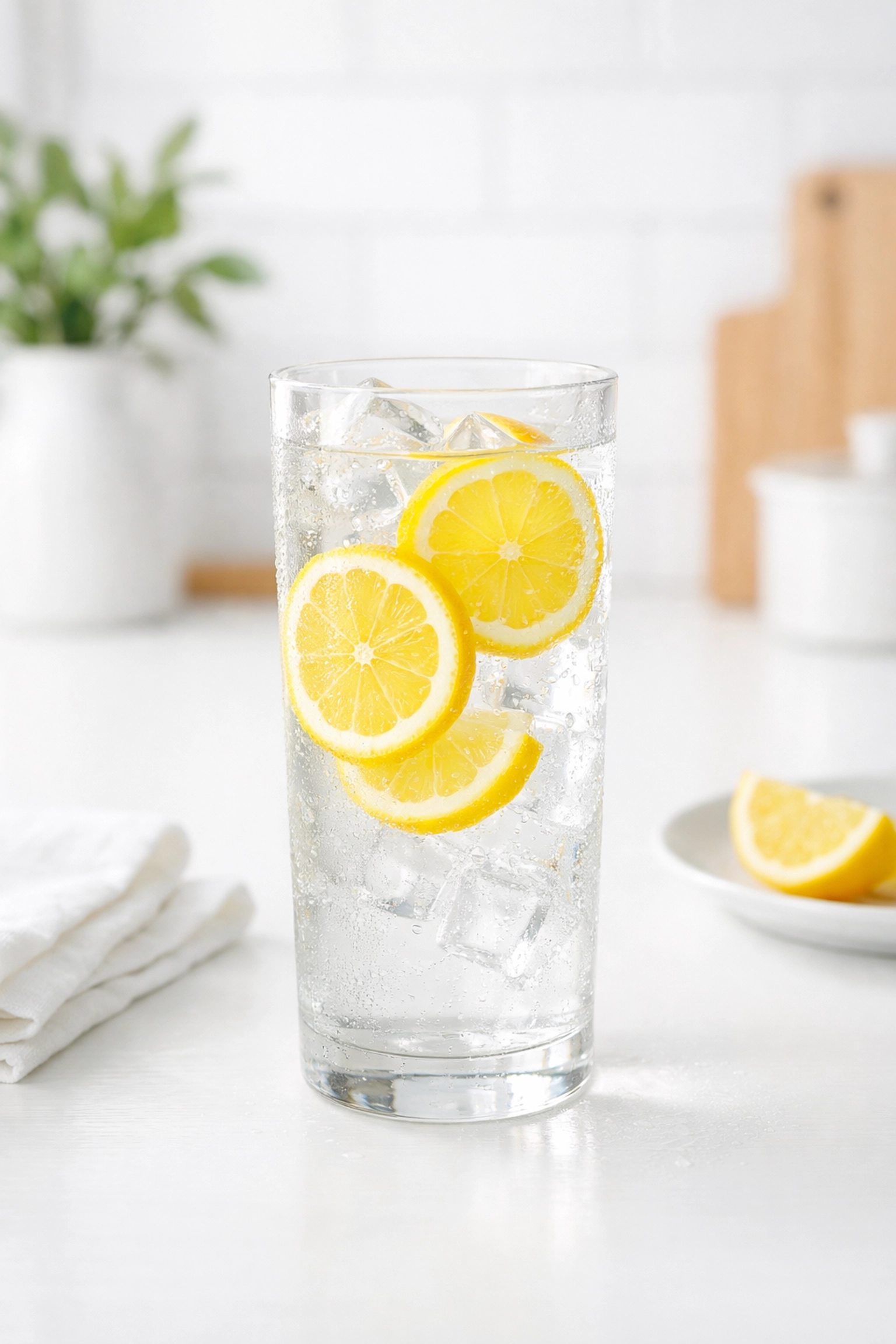 A tall glass of lemon water with fresh citrus slices, a natural daily ritual for immune support.