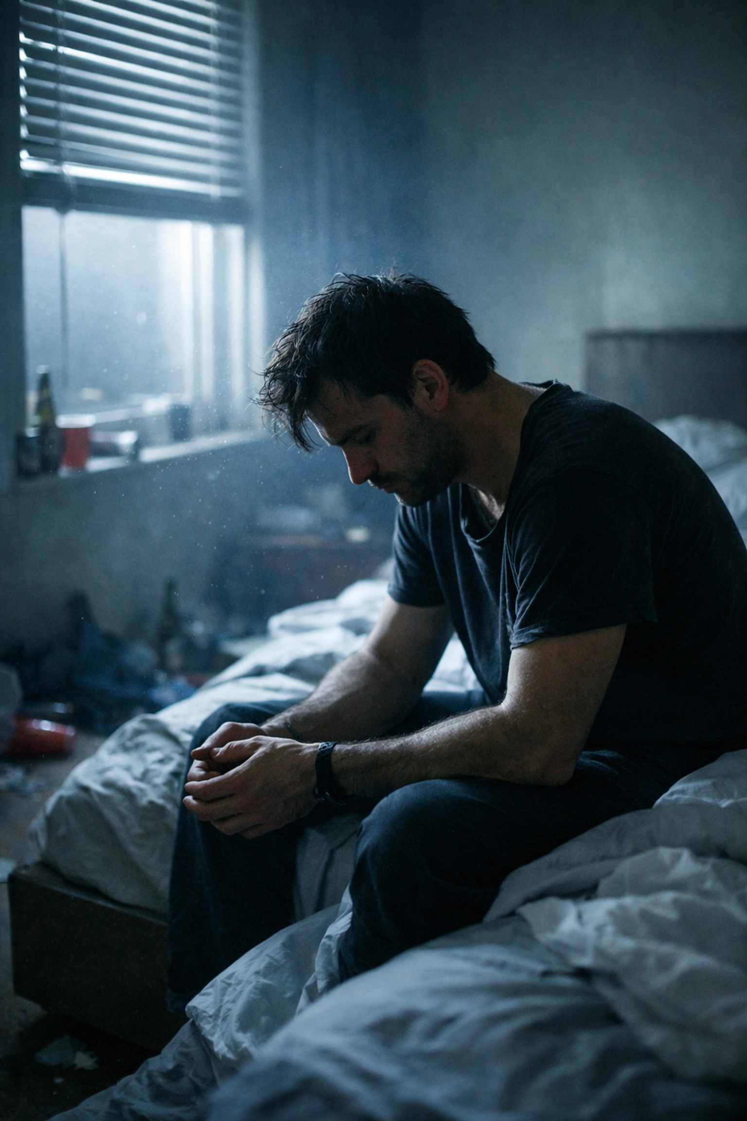 Man sitting alone in a messy room after a party, depicting the isolation of a chem-sex comedown.
