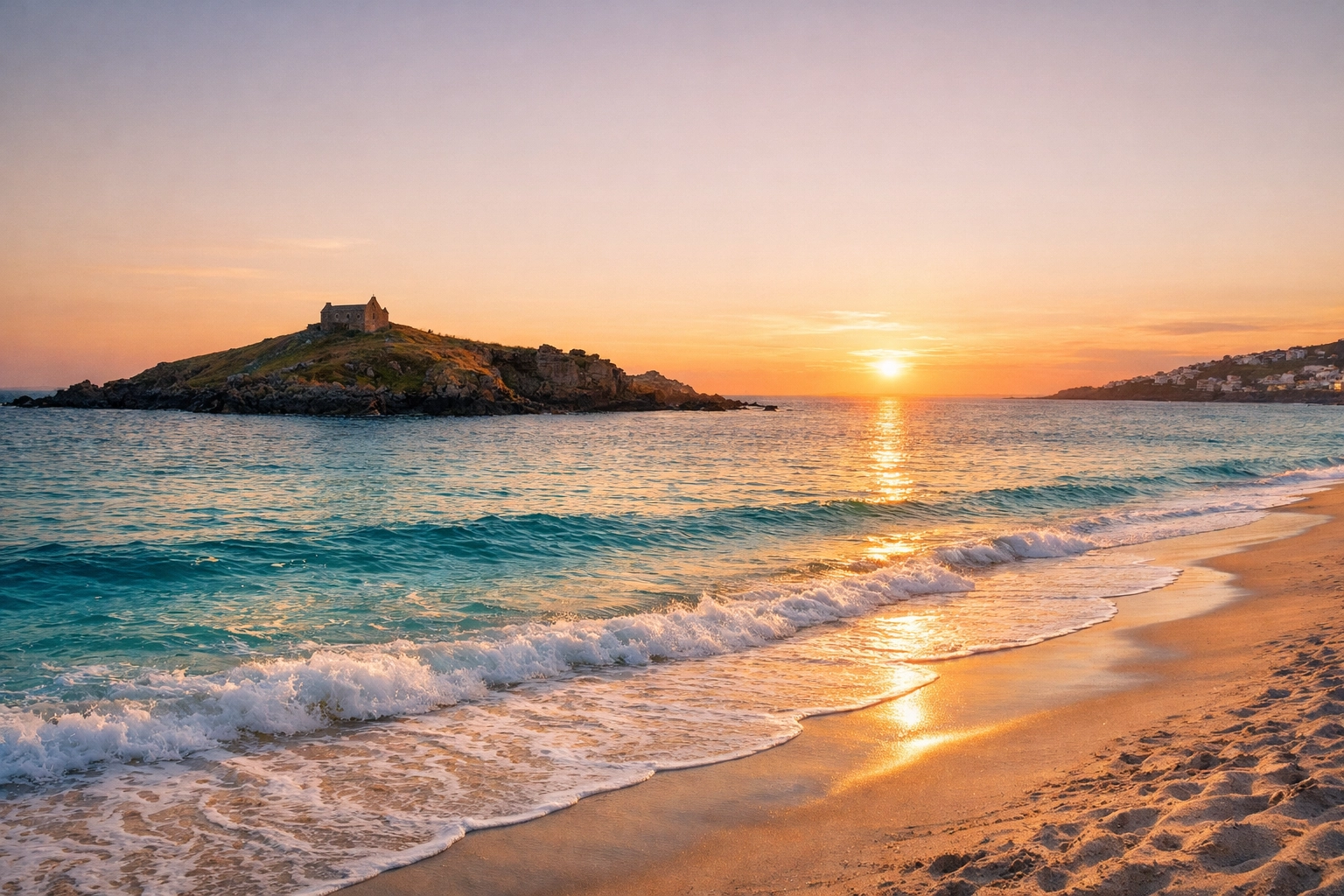 Peaceful St Ives coastline at sunset, offering a serene environment for a Cornish ashes scattering ceremony.