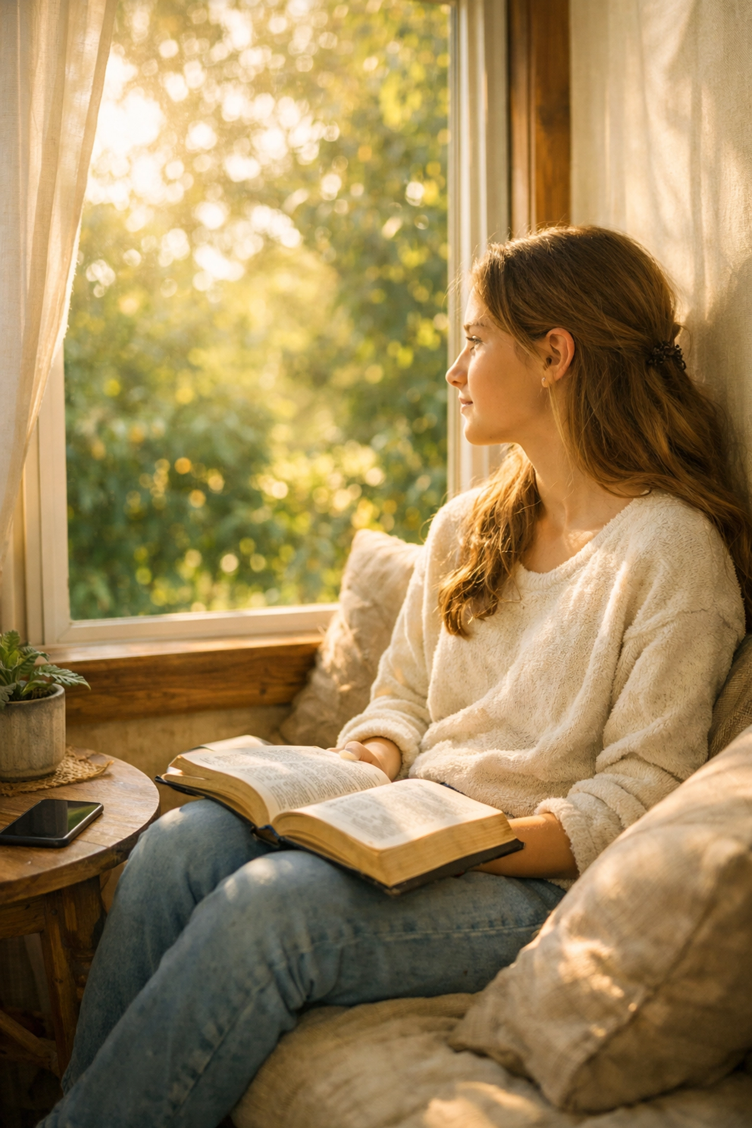 Christian teen girl reflecting on Scripture for peace and mental health restoration.