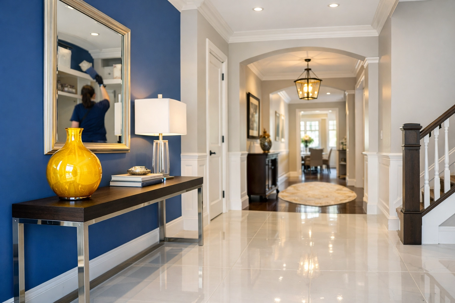 Professional house cleaning in Westborough entryway with high-gloss tile and meticulous dusting.
