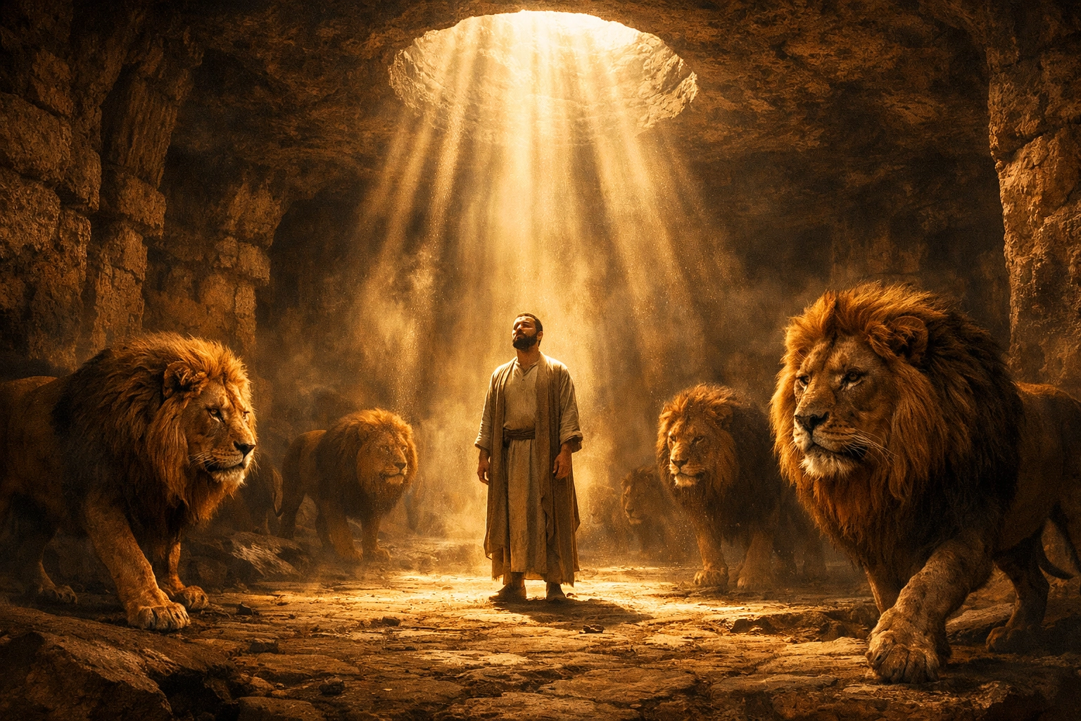 Realistic biblical art of Daniel in the lions' den, illustrating divine protection and visualizing scripture.