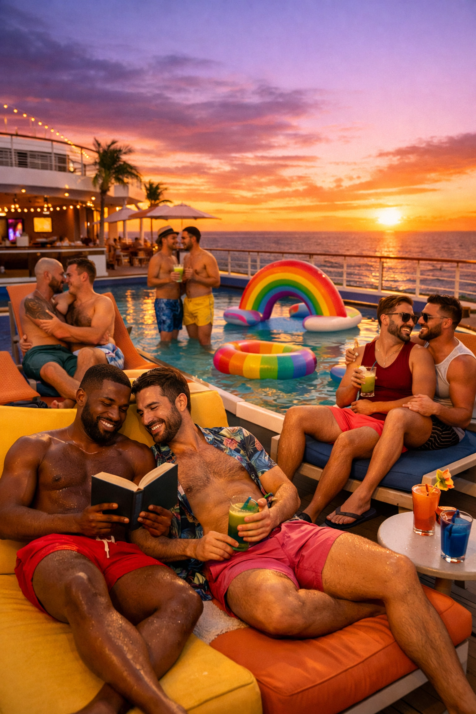 Gay couples relaxing on LGBTQ+ cruise ship pool deck at sunset