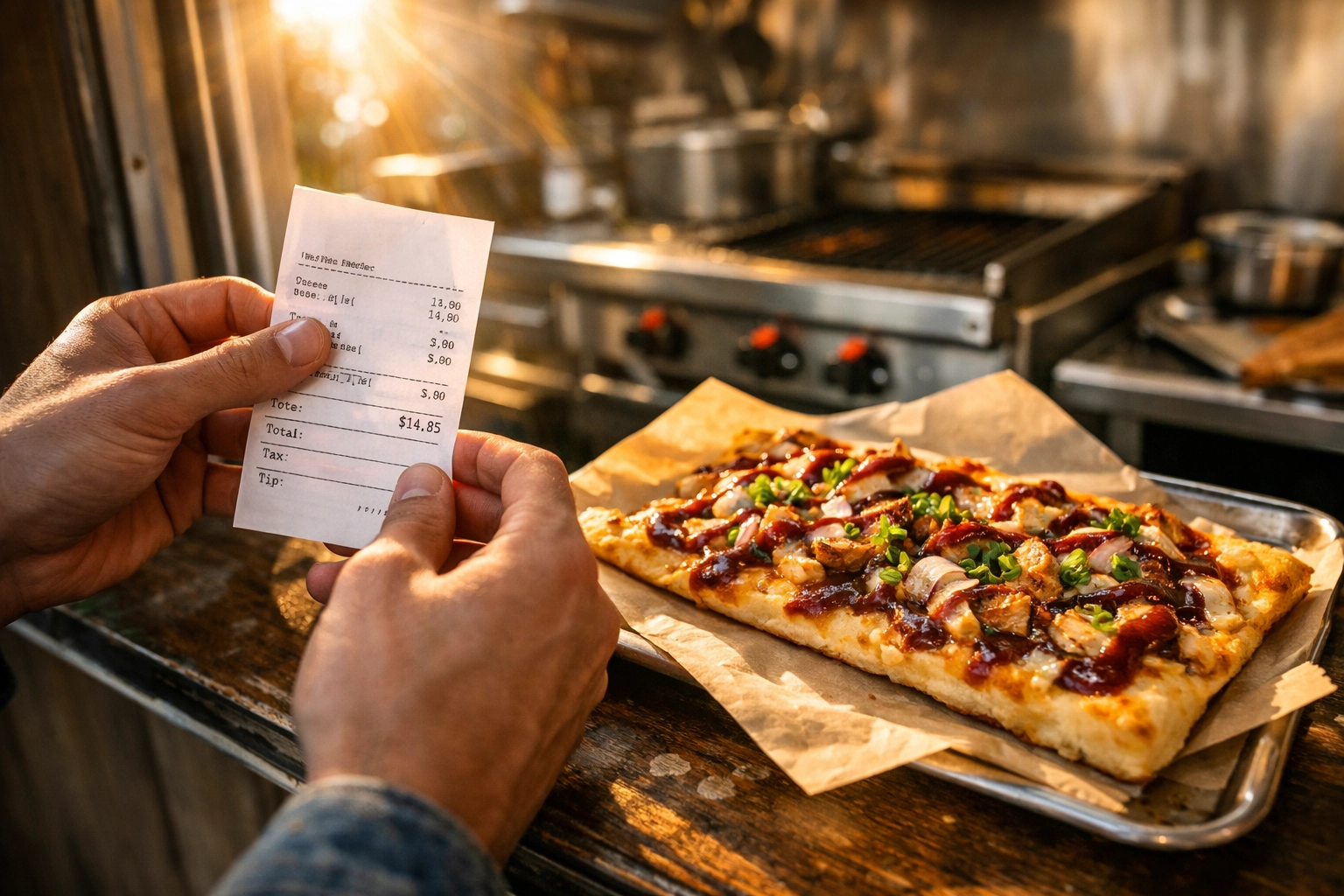 Customer receiving affordable BBQ flatbread at Rockabilly food truck window with 2022 pricing