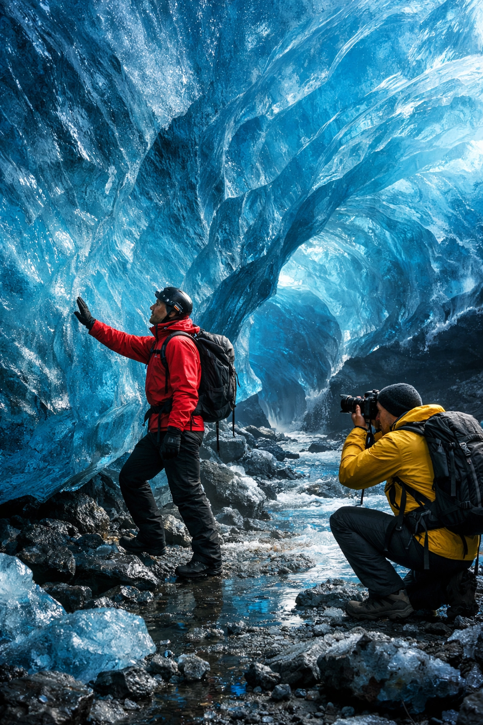 Two male travelers exploring blue ice cave glacier in Iceland winter