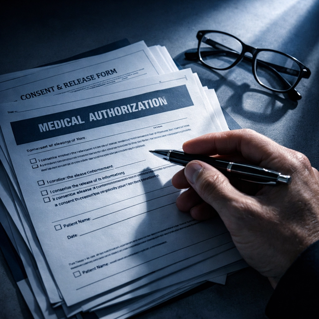 Person reviewing medical authorization forms before signing after a Boston car accident, advised to consult a Boston car accident lawyer