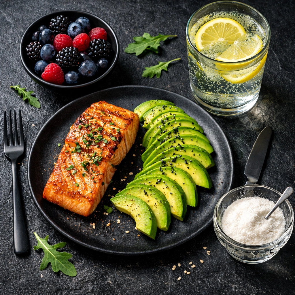 Healthy postpartum meal with salmon, avocado, and berries to support tissue repair and hormonal balance.