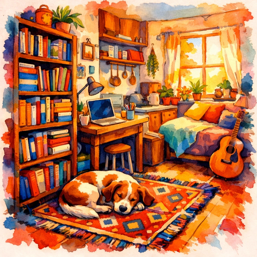 A calm foster dog resting in a small college apartment next to a study desk and school supplies.