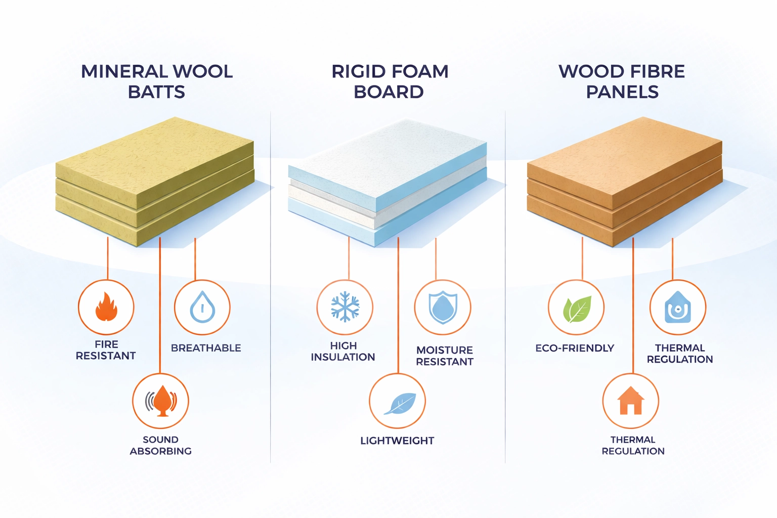 Side-by-side visual comparison of mineral wool, foam board, and wood fibre insulation materials for timber framed houses.
