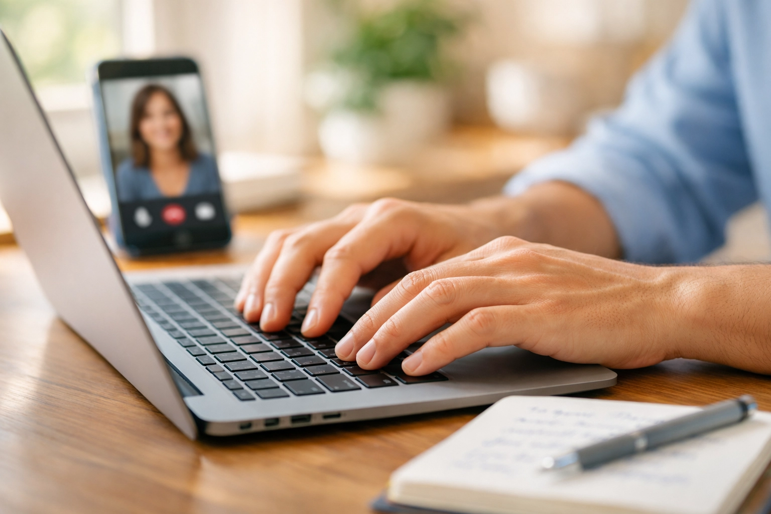 Virtual paralegal working remotely on laptop with video call for secure attorney communication
