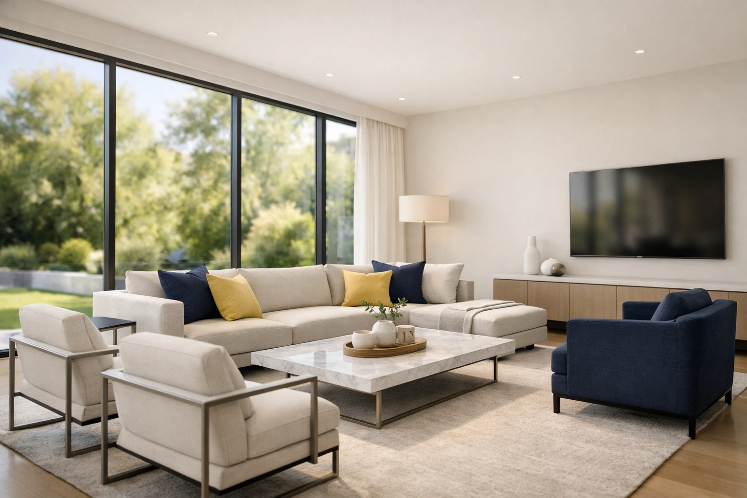 Modern minimalist living room reflecting the progress of a daily cleaning strategy.