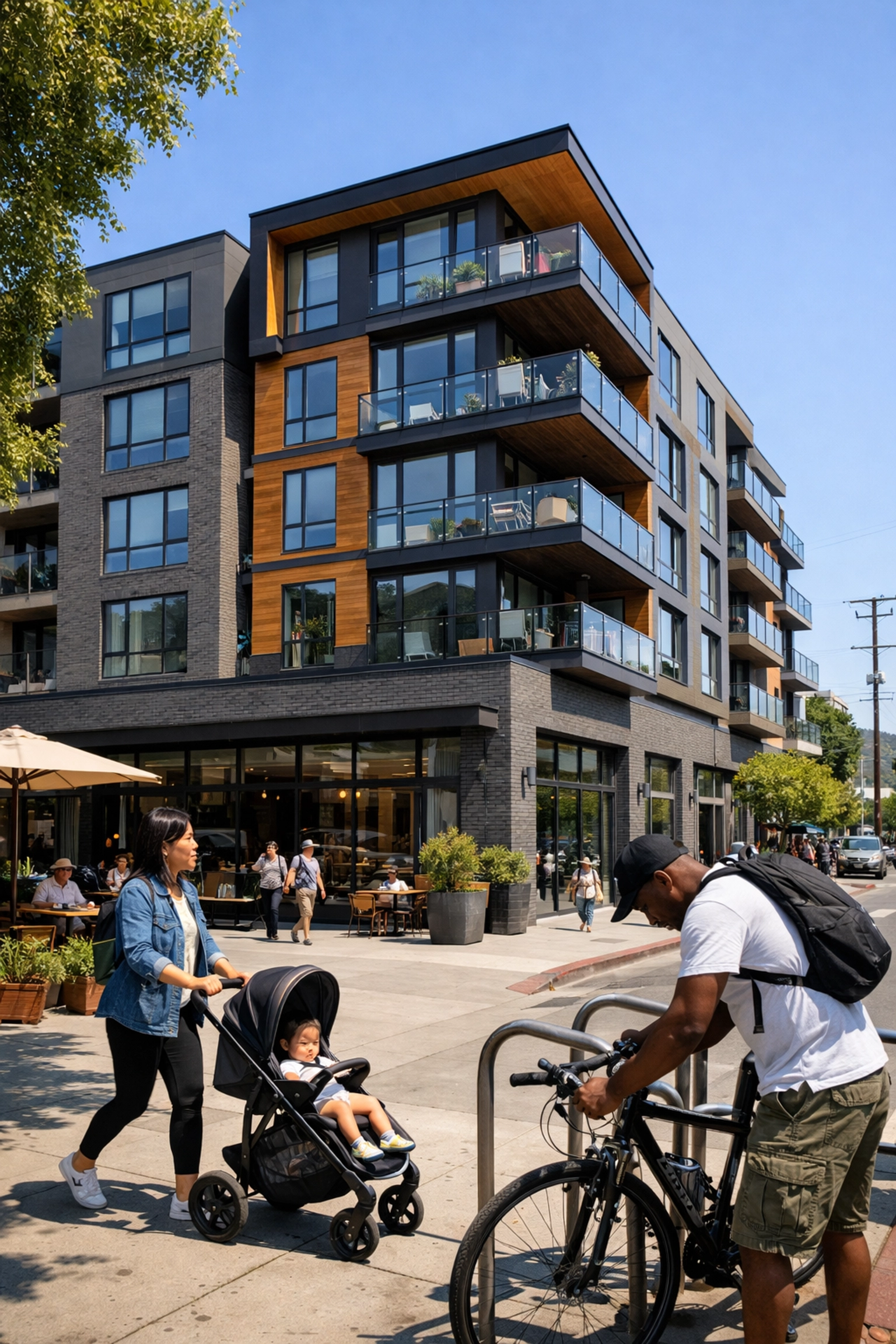 Modern transit-oriented apartment building integrated into a vibrant Bay Area neighborhood street.