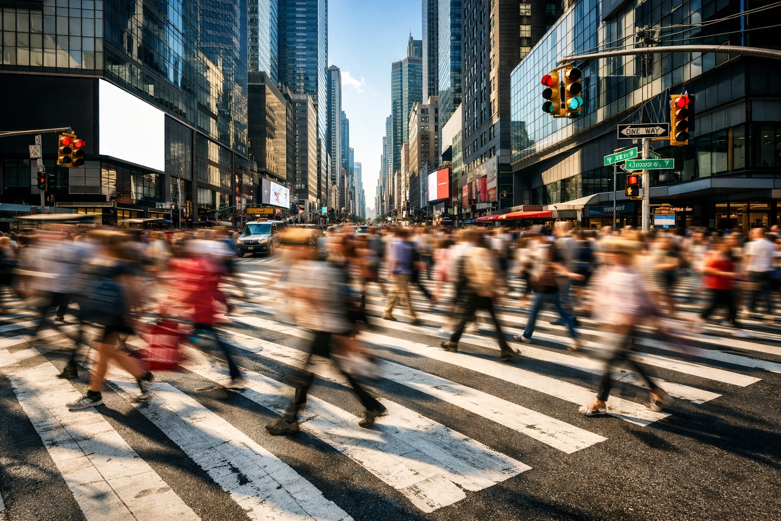 Long exposure street photography idea capturing motion blur of pedestrians at a busy city crosswalk.