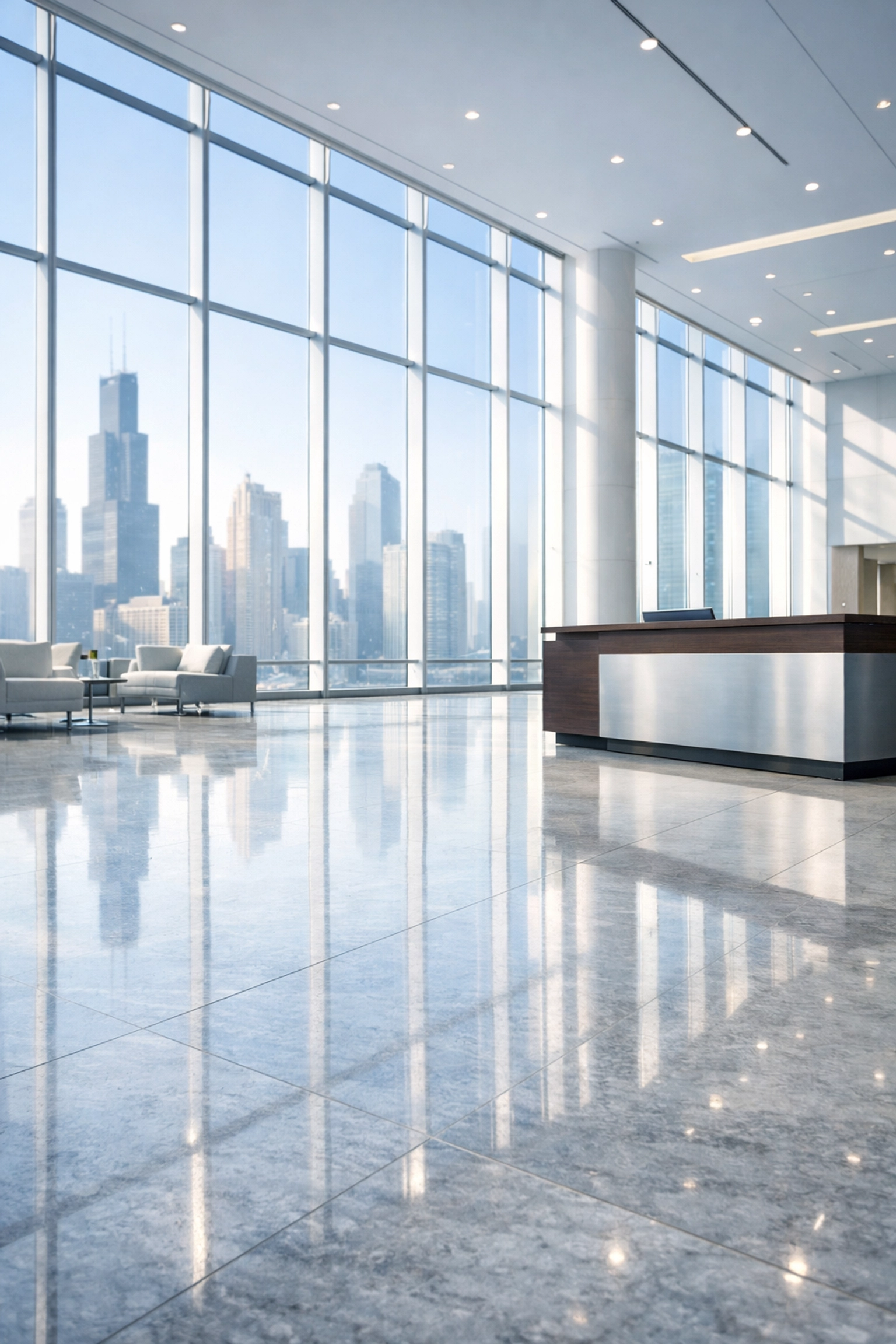 Pristine Chicago office lobby with polished marble floors and city views representing professional commercial cleaning.