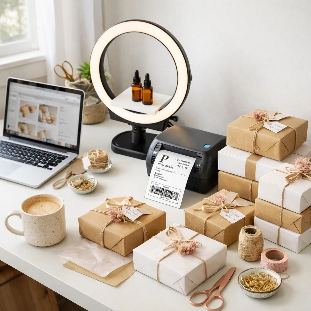 Home office workspace for Etsy seller with product photography and shipping supplies