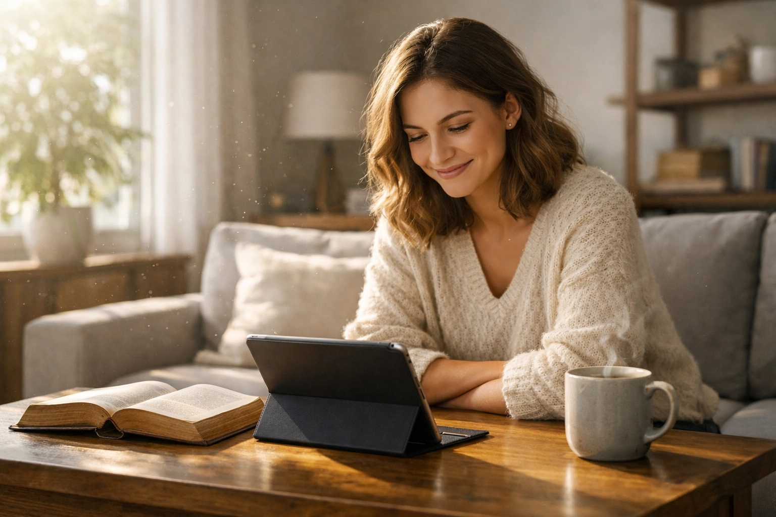 Woman using a tablet and Bible for a virtual Bible study during her quiet morning routine.