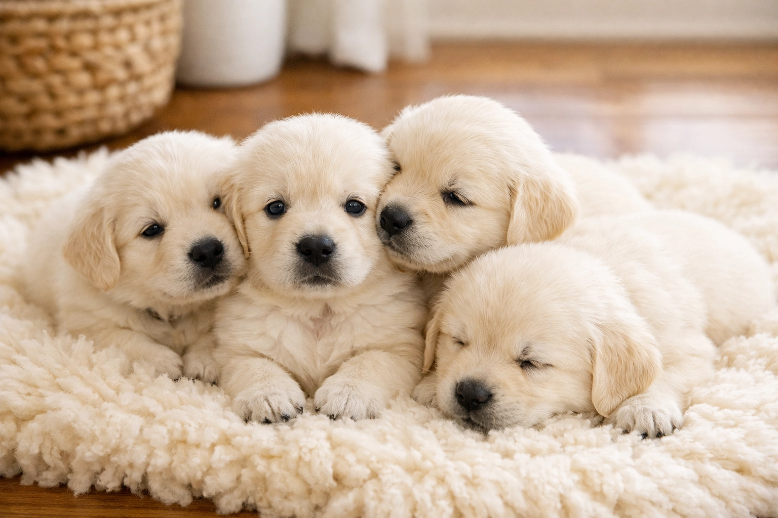 A litter of English Cream Golden Retriever puppies Oregon snuggled together after their health screenings.