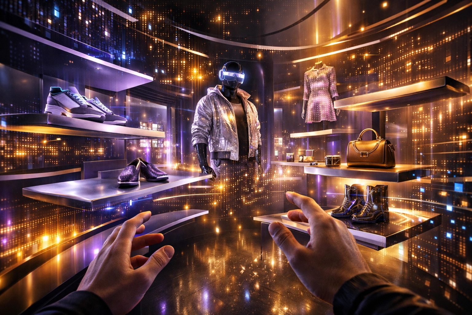 An interactive Metaverse storefront using AI to rearrange digital products and lighting for a personalized experience.