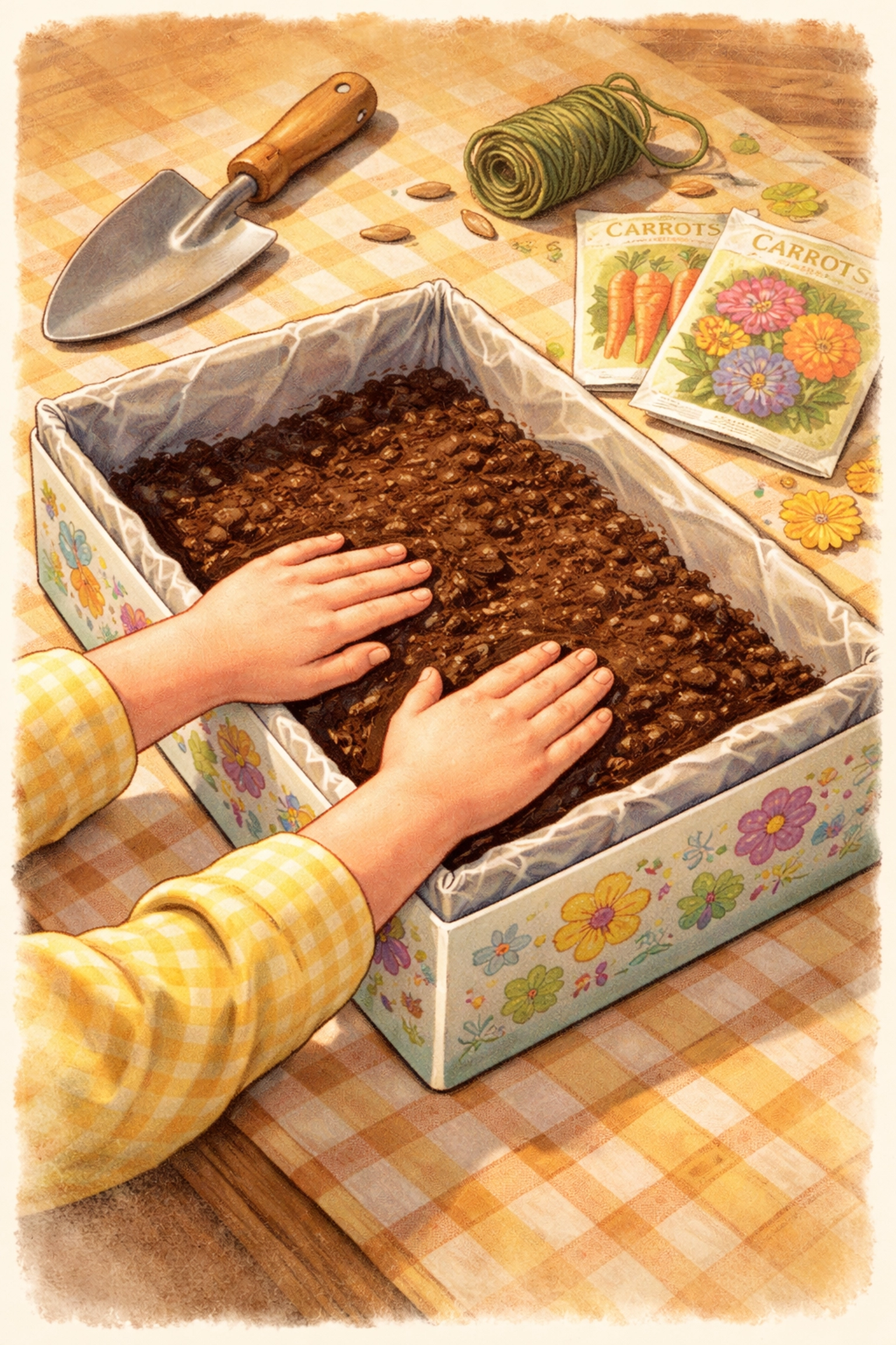 Illustration of cartoon hands adding soil to a shoebox lined with plastic, demonstrating the setup for a kids' shoebox herb garden.